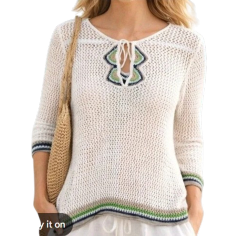 Tommy Bahama White Linen Blend Crochet Knit Swim Coverup Tunic Keyhole Tie S 4-8